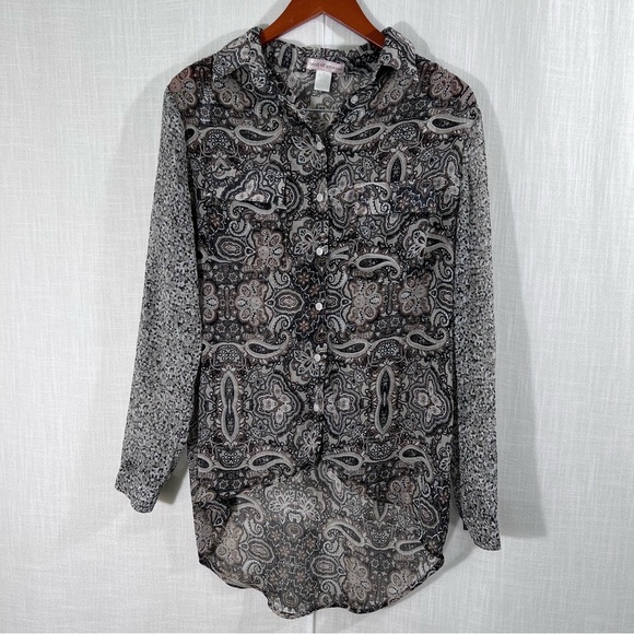 Band Of Gypsies Sheer Button Front High Low Paisley Floral Boho Blouse Top Sz M - Picture 1 of 15